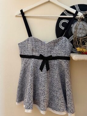 Zara navy and white tweed-style bow-front sleeveless top